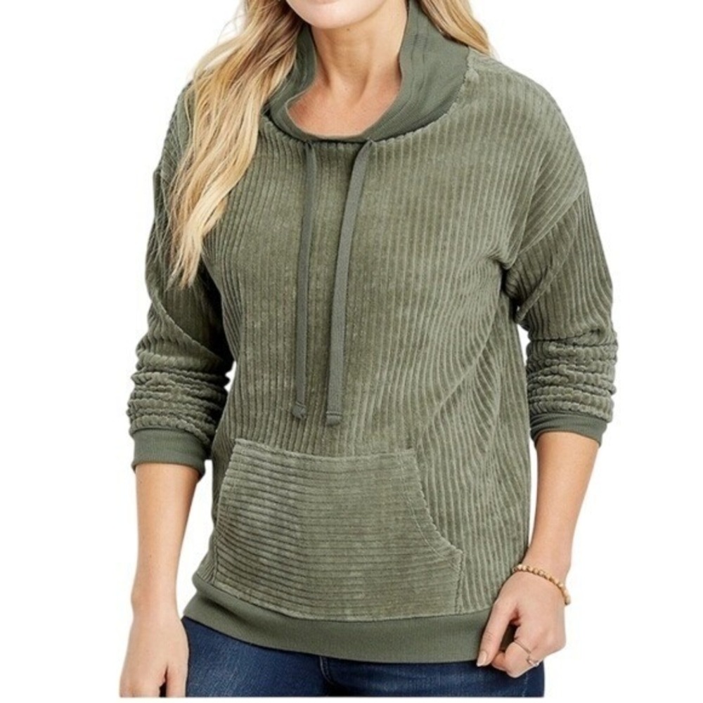 Maurices Womens Small Olive Green Ribbed Corduroy Funnel Neck Hoodie Sweatshirt